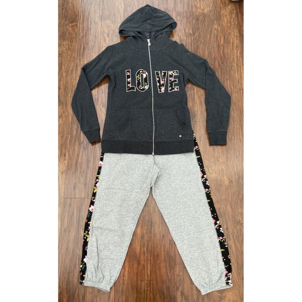 VS Full Zip Hoodie And Capri Sweat Pants SIZE Small Charcoal & Light Gray Floral